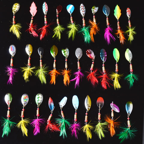 30pcs/lot Fishing Lure Spoon Spinner Bait Spinnerbait feather Metal Hard Lure Isca Artificial 2-3.5g Multi Color fishing Bait