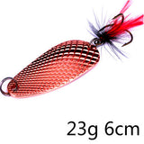 Hot 1pc 23g 6cm Spoon fishing lure Metal Spinner Bait Armed With Feather Hooks Pike Trout Lure